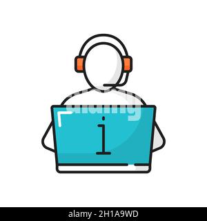 Hotline-Assistent in Kopfhörern bei isoliertem Symbol für die Farblinie des Laptops. Vector Call Center Hotline-Assistent im Headset, Kommunikation online. Hilfe Stock Vektor
