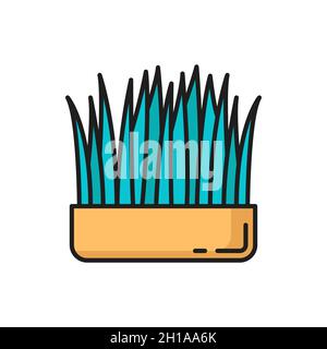 Katzengras, Tierpflege und Tiere Nahrungsergänzung in Schale isoliert Umriss Symbol. Vector Kätzchen Gras Ernährung Mahlzeit Snack, Haustiere gesund essen behandeln, o Stock Vektor