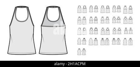 Set von Oberteilen Nackenhalsausschnitt, Hemden, Tanks, Blusen technische Mode Illustration mit angepassten übergroßen Körper, Tunika crop Länge. Flache Bekleidungsvorlage vorne, Rückseite grau Farbe. Frauen, Männer Unisex-CAD-Modell Stock Vektor