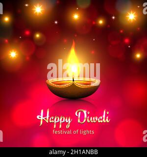 Glückliche diwali Vektor-Illustration. Festliche diwali-Karte. Designvorlage mit Lampe, goldenen Lichtern, Bokeh Hintergrund. Rot-Gold-Hintergrund. Vektorurlaub Stock Vektor
