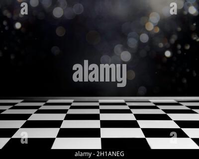 Leeres Schachbrett Hintergrund Bodenmuster in Perspektive auf dunklem Hintergrund mit Bokeh. Schachbrett auf schwarzem Hintergrund, schwarz-weiß Stil. Stockfoto
