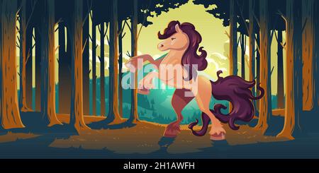 Wildpferd, das im Wald aufsteht. Majestätischer Hengst in der Natur. Vektor-Cartoon-Illustration von Waldlandschaft mit Baumstämmen, Berge am Horizont und Mustang mit schönen Mähne und Schwanz Stock Vektor