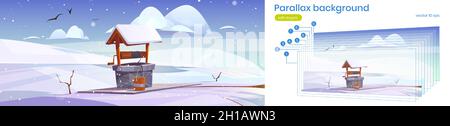 Parallax Hintergrund Winter 2d Landschaft mit alten Stein Brunnen mit Trinkwasser auf verschneiten Hügel. Winterzeit Natur Cartoon Landschaft Ansicht mit getrennten Schichten, Animation für Spiel, Vektor-Illustration Stock Vektor