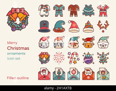 Weihnachtsschmuck und Element Icon Set. Detaillierter Stil mit ausgefüllter Kontur Stock Vektor