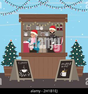 Weihnachtsstände. Frau und Mann verkaufen Kaffee und Glühwein am Kiosk.Vektor-Illustration Stock Vektor