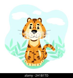 Chinesischer Tiger. Niedlicher Tiger in der Natur. Vektorzeichen im flachen Stil Stock Vektor