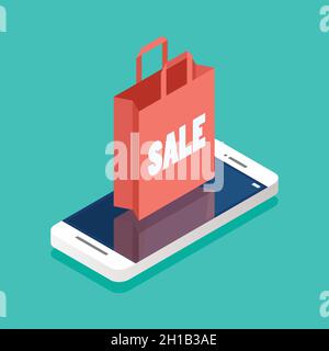 Einkaufstasche auf dem Smartphone-Bildschirm isometrisch. Vektorgrafik Stock Vektor