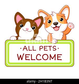 Kawaii Corgi Welpe und Kitty mit tierfreundlichen Vektor-Label. Stempel oder Aufkleber mit haustierfreundlichem Text. Tierarztpraxis, Etikett, Aufkleber. Alle Beschriften Stock Vektor