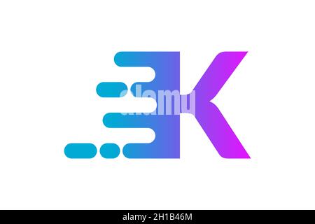 Logo „Buchstabe K“ in Bewegung. Blaues und violettes Verlaufssymbol. Anfängliches K symbolisiert schnelle Geschwindigkeit. Dynamisches Design mit beweglicher Wirkung. Vektorgrafik. Stock Vektor