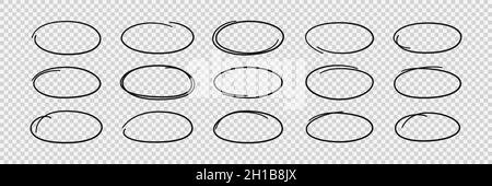 Satz handgezeichneter Ovale. Markieren Sie Kreisrahmen. Ellipsen im Doodle-Stil. Vektordarstellung auf transparentem Hintergrund isoliert Stock Vektor