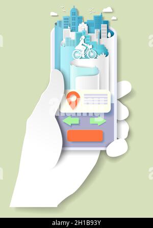 Hand hält Handy mit Position Stift, Frau Reiten City Bike, Vektor Papier Schnitt Illustration. GPS-Navigations-App. Stock Vektor