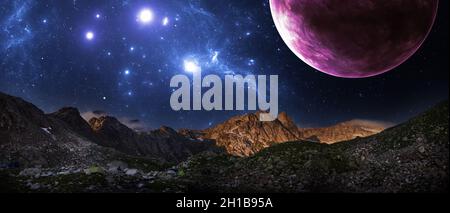 Berglandschaft fantastische Kosmos Galaxien Sterne Planeten und Nebel. Sonnenuntergang und unwirklicher Nachthimmel. Panoramafotorberge Stockfoto