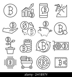 Bitcoin-Zeilensymbole auf weißem Hintergrund gesetzt Stock Vektor