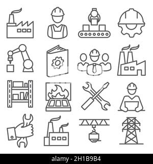 Werkseitige Liniensymbole auf weißem Hintergrund eingestellt Stock Vektor