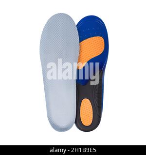 Schuheinlagen für den Alltag mit isolierter Gelschicht auf weißem Hintergrund. Blaue Einlagen für Schuhe. Stockfoto