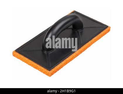 Gipsschwamm schwimmt isoliert auf weißem Hintergrund. Gipsfloat für die Veredelung von Gipsputz Stockfoto