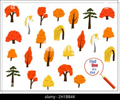 Cartoon Illustration des Lernspiels Finden Sie ein einzigartiges Bild. Cartoon Herbstbäume. Vektor Stock Vektor