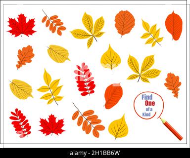 Cartoon-Illustration des Lernspiels Finden Sie ein einzigartiges Bild. Cartoon Herbst Blätter. Vektor Stock Vektor