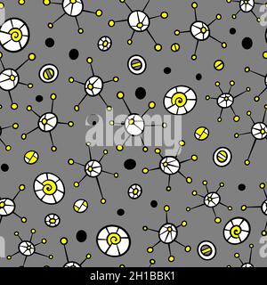 Abstraktes, nahtloses Muster mit von Hand gezeichneten Bakterien und Viren. Einfache Objekte auf grauem Hintergrund. Vektorgrafik. Stock Vektor