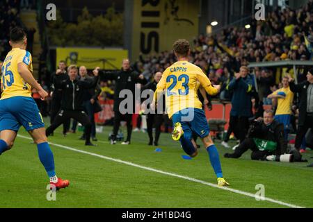 Brondby, Dänemark. , . Christian Cappis (23) von Broendby IF erzielt im 3F Superliga-Spiel zwischen Broendby IF und Vejle Boldklub im Brondby Stadion 3-2 Punkte. (Foto: Gonzales Photo/Alamy Live News Stockfoto