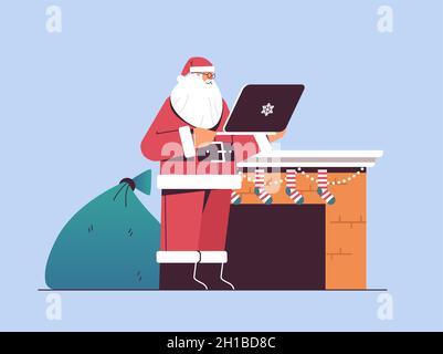 weihnachtsmann mit Geschenktasche mit Laptop Happy New Year Merry christmas Holiday Celebration Konzept Stock Vektor