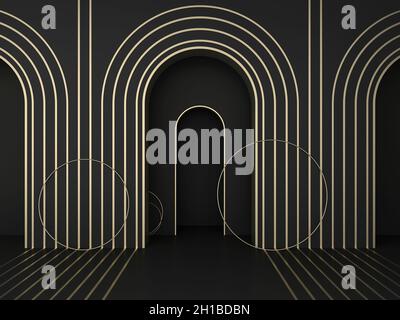 Abstrakter, dunkler, geometrischer Hintergrund; Arch-Modell; einfaches, klares, gewölbtes Design mit goldenen Streifen; luxuriöses, minimalistisches Wandmodell für Nischen; leerer Raum Stockfoto