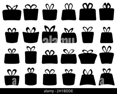 Geschenkboxen schwarze Farbe Symbole isoliert auf weißem Hintergrund gesetzt. Silhouetten der Schachteln für Poster, Banner und Werbematerialien. Vektor illustrr Stock Vektor