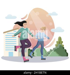 Rollschuhfahren. Isolierte, flache, farbige Illustration. Schulunterricht. Rollschuhlaufen im Park. Stock Vektor