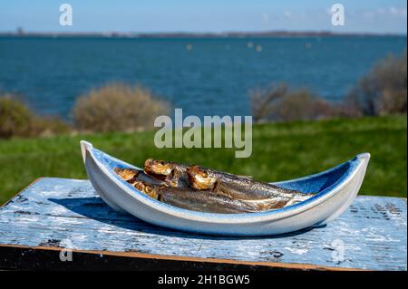 Geräucherter Sprattus oder Sprotte Seefisch serviert im Freien mit Blick auf blaues Meerwasser bereit zu essen Stockfoto