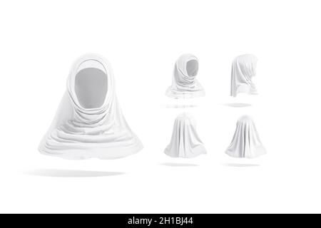 Blank weißes weibliches al-amira-Modell, verschiedene Ansichten, 3d-Rendering. Leere Frauen, die den Kopf bedecken, mockerten, isoliert. Durchsichtiges Material für die Privatsphäre bei ar Stockfoto