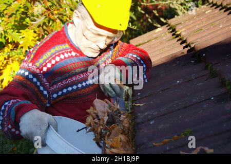 Mann, der das Dach von heruntergefallenen Blättern reinigt. Eine saubere Rinne in der Herbstsaison. Das Haus draußen halten. Hauswartung. Stockfoto