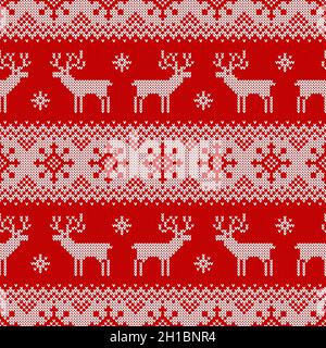 Nahtloses Strickmuster mit Hirsch, Schneeflocken und skandinavischem Ornament. Rot-weißer Pullover-Hintergrund für Weihnachten, Neujahr oder Winter-Design. Stock Vektor