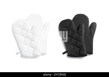 Blanke schwarz-weiße Ofenhandschuh-Mockup-Paar, Draufsicht Stockfoto