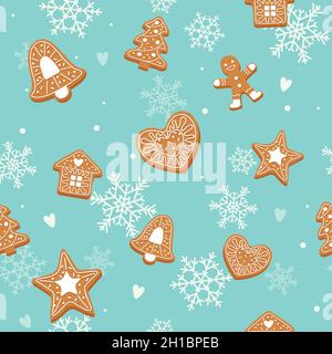 Lebkuchenmuster, weihnachtliche Backgroung mit niedlichen Lebkuchengebäck. Vektorgrafik Stock Vektor