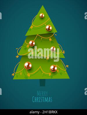 Geschmückter Weihnachtsbaum mit Girlande, Deko-Kugeln und Lampen. Frohe Weihnachten und Frohes neues Jahr. Vektorgrafik. Stock Vektor