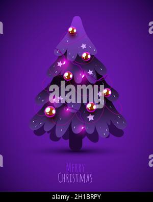 Geschmückter Weihnachtsbaum mit Girlande, Deko-Kugeln und Lampen. Frohe Weihnachten und Frohes neues Jahr. Vektorgrafik. Stock Vektor