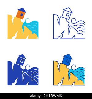 Coastal Erosion Icon in flacher und linischer Form. Küstenzerstörung durch Wellen aufgrund des Meeresspiegelanstiegs. Vektorgrafik. Stock Vektor