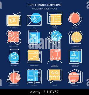Omni-Channel-Marketing-Icon-Kollektion im Linienstil. Vektorgrafik. Stock Vektor