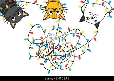 Katzen verwickelten weihnachtslichter auf der weißen Karte Stock Vektor