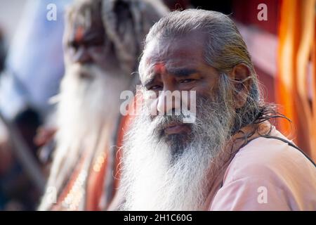 Haridwar, Uttarakhand - um 2021 : Indischer Sadhu-heiliger Mönch mit einem faltigen Gesicht und einem langen, fließenden weißen Bart und einem Tilak auf der Stirn Stockfoto