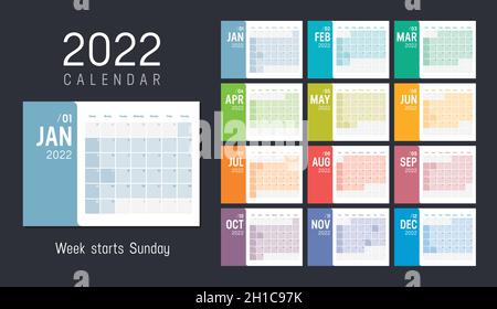 Jahr 2022 farbenfroher minimalistischer Monatskalender auf schwarzem Hintergrund. Die Woche beginnt am Sonntag. Vektorvorlage. Stock Vektor