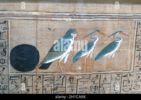 Nahaufnahme der alten antiken ägyptischen Hieroglyphen und Zeichnungen auf Papyrus Stockfoto