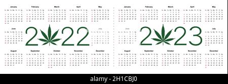 Marihuana Kalender für 2022 und 2023 Jahre. Medizinisches Cannabis. Einfache Vektorvorlage. Isolierte Vektorgrafik auf weißem Hintergrund. Stock Vektor