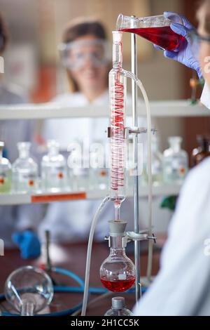 Eine junge Chemiestudentin, die in einem Labor in einer Arbeitsatmosphäre mit chemischen Geräten arbeitet. Wissenschaft, Chemie, Labor, Menschen Stockfoto