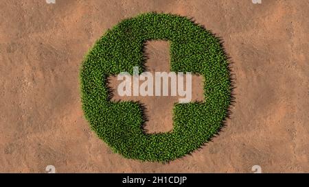 Konzept konzeptuelle grüne Sommer Rasen Gras Symbol Form auf braunem Boden oder Erde Hintergrund, Kreuz Zeichen. Stockfoto