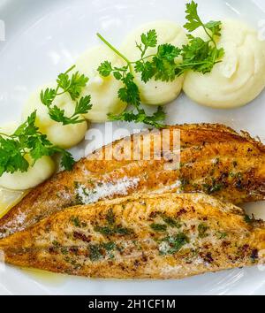 Sole meunière, Maische und Petersilie auf einem Teller in einem Restaurant Stockfoto