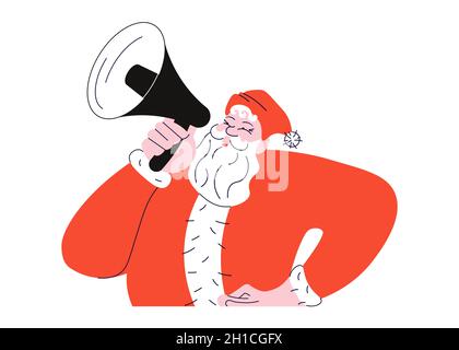Der Weihnachtsmann gibt eine Ankündigung in einem Megaphon ab. Weihnachten Winter Urlaub Design-Element isoliert auf weißem Hintergrund. Flache Grafik Als Vektorgrafik. Stock Vektor