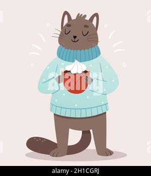 Eine niedliche graue Katze in einem kuscheligen blauen warmen Pullover gießt schönen Kakao. Winter-Illustration. Stock Vektor