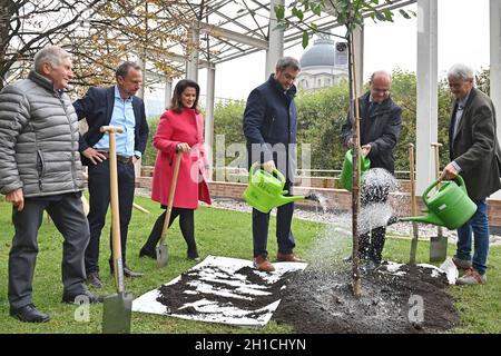 München, Deutschland. 18. Oktober 2021: Von links: Alois GLUECK, Umweltminister Thorsten GLAUBER, Landwirtschaftsministerin Michaela KANIBER, Markus SOEDER (Ministerpräsident Bayern und CSU-Vorsitzender), Norbert Schäfer (Landesverband für Vogelschutz Bayern), Richard MERGNER (Bund Naturschutz Bayern) gießen einen Kirschbaum - eine zuvor gepflanzte Hedelfinger-Riesenkirsche. Pressekonferenz der Bayerischen Staatsregierung zum Thema Ergebnisse nach dem Rundtisch STREUOBST am 18. Oktober 2021 im Hofgarten in München. Quelle: dpa picture Alliance/Alamy Live News Stockfoto