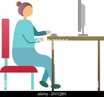 Vector Frau arbeiten am Computer im Büro Symbol auf weißem Hintergrund isoliert. Die Außendienstmitarbeiterin arbeitet gerne online am pc am Schreibtisch. Intelligent Stock Vektor